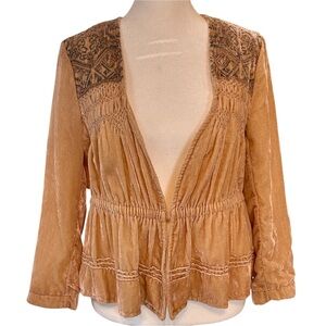 Anthropologie Elevenses Cream Velvet Embroidered 3/4 Sleeve Lined Blazer, Size 6